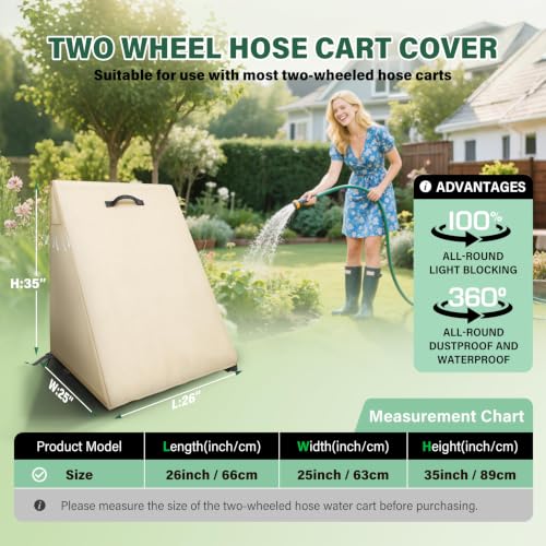 Veranda Patio Free Standing Portable Garden Hose Reel Cover,Waterproof, Dustproof and Sun-Proof Protect Your Hose Reel and prolong its Life(26"W x25"D x 35"H) - color: Khaki - Two Wheels Hose Reel Cart Cover, size: 0-200FT