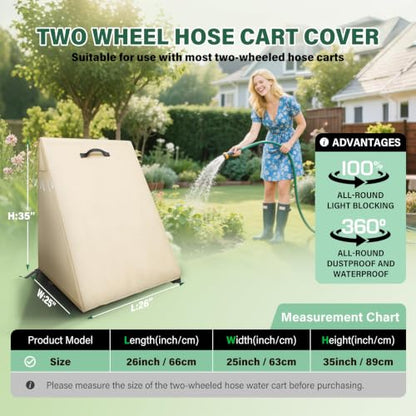 Veranda Patio Free Standing Portable Garden Hose Reel Cover,Waterproof, Dustproof and Sun-Proof Protect Your Hose Reel and prolong its Life(26"W x25"D x 35"H) - color: Khaki - Two Wheels Hose Reel Cart Cover, size: 0-200FT