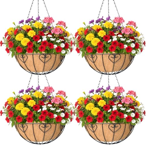 4 Pack 14 Inch Hanging Metal Planters for Outdoor Plants, Modern Black Solid Rectangular Hanging Baskets with Coco Coir Liner - size: 14 Inch, style: Modern