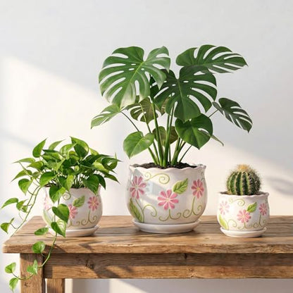 Pink Ceramic Flower Pots, 4+5.2+6.6 Inch Small Plant Pots for Indoor Plant - color: White99-hp