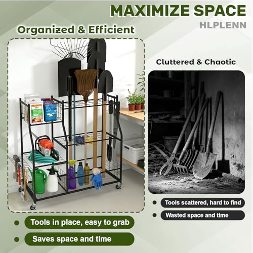 Garden Tool Organizer with Wheels, Metal Rack for Long Handled Tools