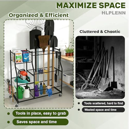 Garden Tool Organizer with Wheels, Metal Rack for Long Handled Tools