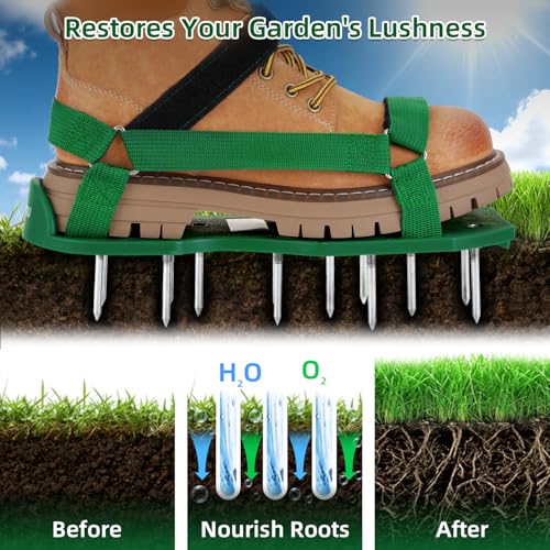 Ohuhu Lawn Aerator Shoes for Grass: Free-Installation Aeration Shoes with Stainless Steel Shovel, Heavy Duty Spike Aerating Sandals Lawn Tool for Yard Patio Garden - color: green