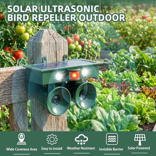 2026 New Ultrasonic Bird Repeller Solar Powered Outdoor Motion Activated Bird Pigeon Deterrents for Outside with Flash Light IP65 Woodpecker Goose Repellent Devices for Rooftops Porch Patio Balconies