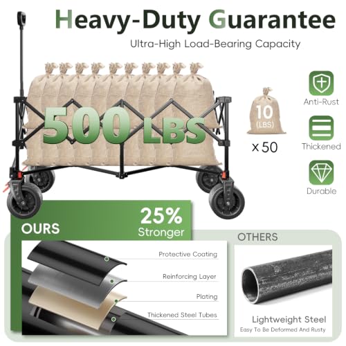 46" L Collapsible Foldable Extended Wagon, 500LB Weight Capacity with 280L Heavy Duty Folding Cart,Utility Wagon with All-Terrain Beach Wheel & Drink Holders,Green - color: Green