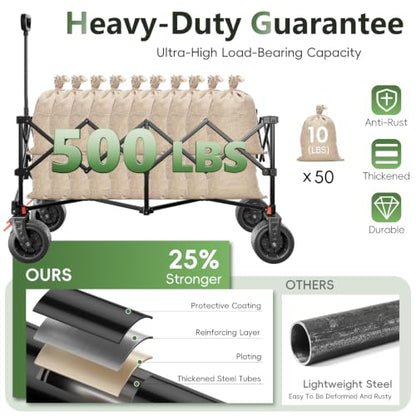 46" L Collapsible Foldable Extended Wagon, 500LB Weight Capacity with 280L Heavy Duty Folding Cart,Utility Wagon with All-Terrain Beach Wheel & Drink Holders,Green - color: Green