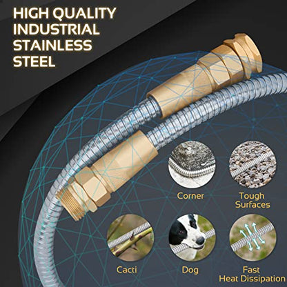 Garden Hose Metal - 100ft Heavy Duty Stainless Steel Water Hose with 8 Function Sprayer & Metal Fittings, Flexible, Lightweight, No Kink, Puncture Proof Hose for Yard, Outdoors, Rv