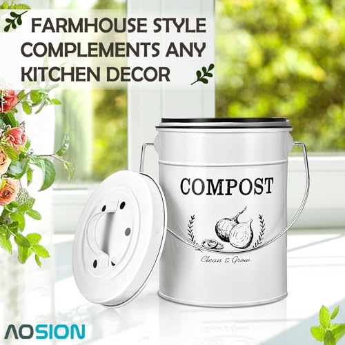 AOSION 1 Gallon Countertop Compost Bin for Kitchen with Lid,Odor Resistant - color: White(50 Pack Trash Bags & Garden Shovel)