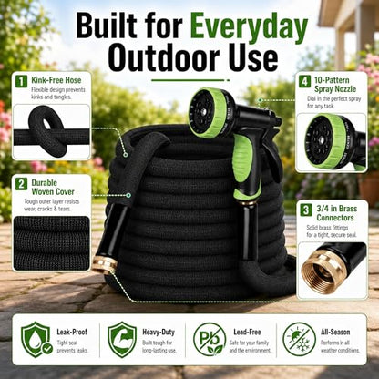 Garden Hose, 75 FT Non-Expandable Flexible Hose with Male/Female Fittings - size: 75FT