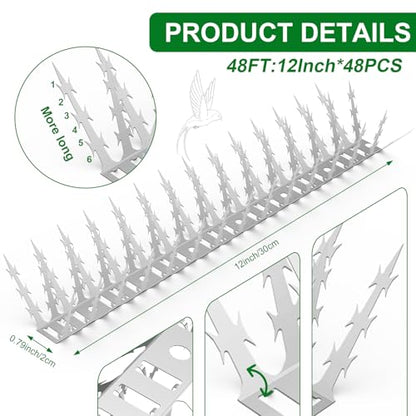 Bird Spikes for Outside 48 Pack 48 FT Stainless Steel Deter Pigeon Squirrel - size: 48 FT