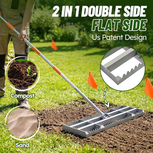 2-in-1 Lawn Leveling Rake, 20 Marking Flags for Low Spot,30"×10" Heavy Duty