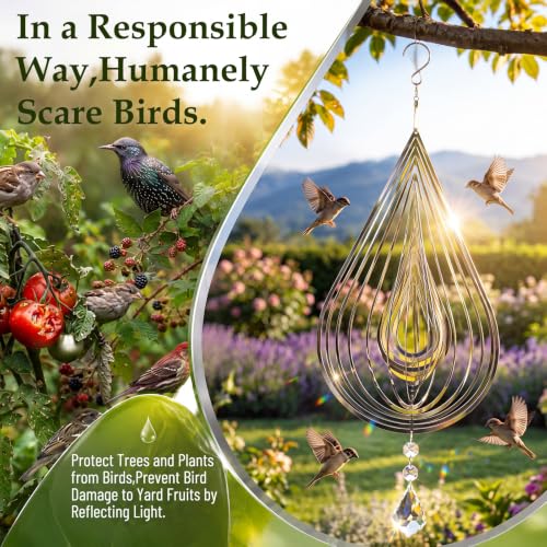 4 PCS 19" 3D Hanging Wind Spinners Water Droplets Stainless Steel Double Sided Hanging Decor for Outdoor and Gardens, Bird Devices Deterrent to Scare Birds Away from Yard Patio Farm