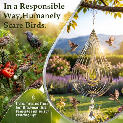 4 PCS 19" 3D Hanging Wind Spinners Water Droplets Stainless Steel Double Sided Hanging Decor for Outdoor and Gardens, Bird Devices Deterrent to Scare Birds Away from Yard Patio Farm