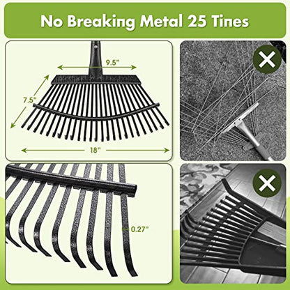Rake for Leaves, Heavy Duty Leaf Rakes for Lawns & Yard - 65” Adjustable Long Handle 18” Width 25 Metal Tines - Gardening Rake for Adults Kids for Shrub,Grass,Mulch - style: 25 Tines 5FT