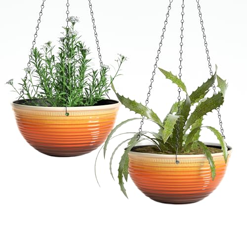 12 Inch Glazed Hanging Planters for Indoor Outdoor Plants, 2 Pack - color: Orange, size: 12inch