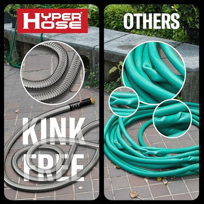 Best 100 ft Metal Garden Hose Set - No-Kink Durable 316 Stainless Steel, 10-Way Zync Spray Nozzle & Hook – Tough Flexible Heavy Duty Water Hoses, 5/8 in, Rust, Weather, LeakProof - size: 100 FT SET