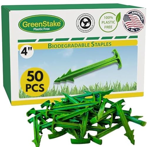 Pack of 50 - GreenStake 4-Inch Biodegradable Garden Stakes, Superior Holding Power - Eco-Friendly Garden Support Pegs & Fabric Pins for Membrane, Netting, Turf, Landscaping and Gardening