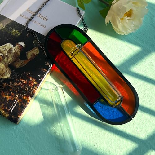 LITMIND Hanging Planter Terrarium with Vibrant Stained Glass Suncatcher Elements, Hydroponic Mini Plants Propagation Station - Perfect for Home & Garden Decor, Includes 2 Glass Propagation Tube - color: Style C02 (Candy Colors)