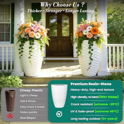 2-Pack 19" White Resin Tall Outdoor Planters with Wave Texture - color: 19"h-white Wavy
