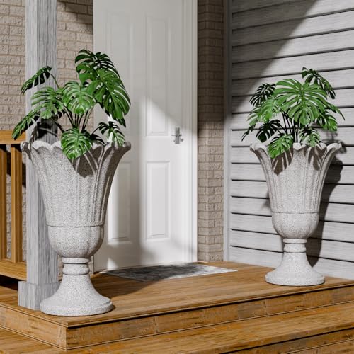 Tall Plastic Urn Planters and Pedestal - 24" Outdoor Planter Grey - color: Gray2-petal
