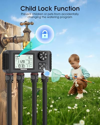 Insoma 4 Zones Sprinkler Timer with Brass Inlet, Water Timer for Garden Hose with Auto/Manual/Rain Delay Mode, Hose Timers for Irrigation Watering System for Yard, Lawn, Plant Watering