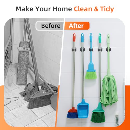 5 PCS Broom Holder Wall Mount, Upgraded Heavy Duty Mop and Broom Holder Wall Mount, Stainless Steel Broom Hanger Mop Holder Rack for Kitchen Laundry Garden Tool Organizer