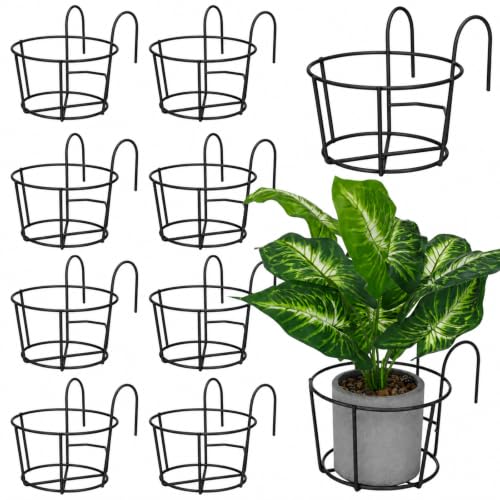 10 Pcs Round Hanging Railing Planters, 6.3" Reinforced Metal Hanging Baskets, Fence Plant Hangers, Heavy-Duty Flower Pot Holders for Balcony, Patio, Porch Railing, Black - color: Black