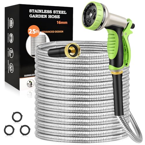 GOXAWEE 25FT Garden Hose, Stainless Steel Water Hose, 10 Function Nozzle - size: 25FT