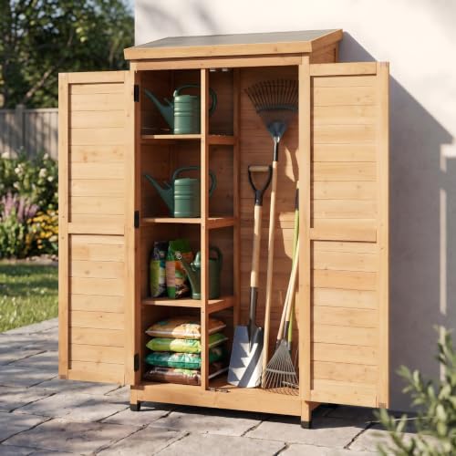 Outdoor Metal Top Wooden 3 Adjustable Shelves Storage Sheds Garden - color: Light Brown