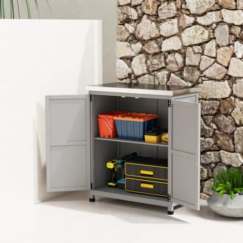 Outsunny Outdoor Storage Cabinet with Metal Tabletop Shelves Gray - color: Gray
