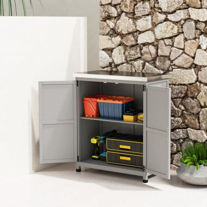 Outsunny Outdoor Storage Cabinet with Metal Tabletop Shelves Gray - color: Gray