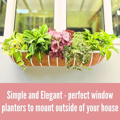 LaLaGreen Outdoor Planter Boxes (30 Inch, 2 Pack) White Metal Deck Railings Flower Box with Coco Liner, Rectangular Hanging Planters for Window Plant Horse Trough Fence Balcony Garden Herb Porch Patio - size: 30 Inch (2 Pack)