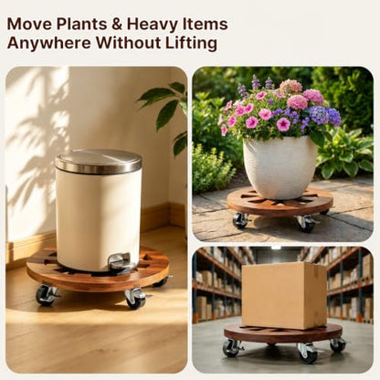 2 Pack Plant Caddy with Wheels 12'' Wood Rolling Plant Stand Indoor Brown