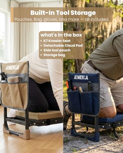 Aimerla K7 Foldable Garden Kneeler Seat, Upgraded Anti-Slip Base, 350LBS Capacity, 10.2" Wide EVA Pad & Detachable Cloud Cushion, 2-in-1 Kneeler Bench for Seniors, Gardening Gifts for Parents - color: Khaki
