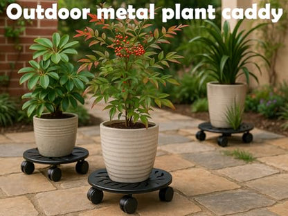 2-Pack 13.5" Round Metal Plant Caddy with Wheels Heavy-Duty Large Rolling Plant Stand Indoor Outdoor Wheeled Planter Dolly Cart Coaster Flower Pot Mover Roller Base, Garden Trolley - size: 13.5 in