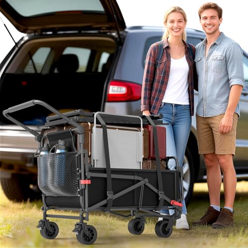 LEVELEVE Heavy Duty Folding Wagon - 2-in-1 Collapsible Cart, All-Terrain Wheels w/Brakes & Side Pockets (Black, 400lb Capacity) - color: Black, size: Medium