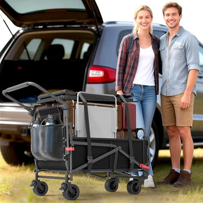 LEVELEVE Heavy Duty Folding Wagon - 2-in-1 Collapsible Cart, All-Terrain Wheels w/Brakes & Side Pockets (Black, 400lb Capacity) - color: Black, size: Medium