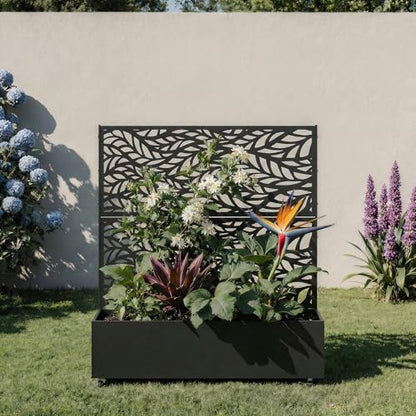 Metal Raised Garden Bed with Trellis and Wheels, 47"x47"x16" (Black-Leaf) - color: Black-leaf, size: 47"x47"x16"