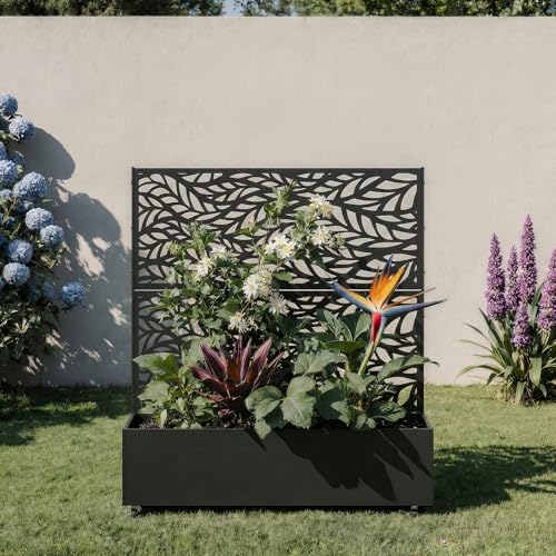 Metal Raised Garden Bed with Trellis and Wheels, 47"x47"x16" (Black-Leaf) - color: Black-leaf, size: 47"x47"x16"