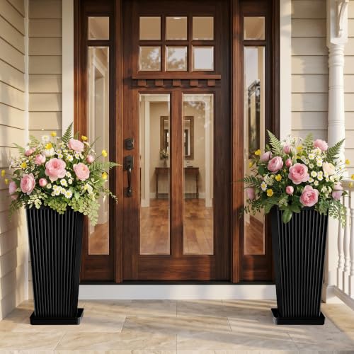 24" Tall Black Planters for Outdoor Plants with Tray Set of 2 Resin - color: Black-smooth