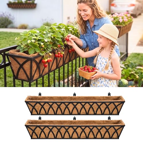 LaLaGreen Large Black Railing Planter (48 in, 2 Pack) Metal Rail Flower Box - size: 48" (122cm) x 2 pack