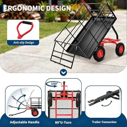 1500 Lbs Steel Garden Dump Cart, 4-in-1 Garden ATV Trailer with 13 Inch Tires and Removable Mesh Side Panels, Metal Utility Yard Trailer with 180° Swivel Handle for Gardening Soil, Tools, Plant - size: 1500 Lbs Dump