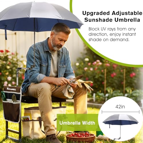 Garden Kneeler and Seat with Umbrella,Heavy Duty Gardening Bench and Stool - color: Beige & Brown