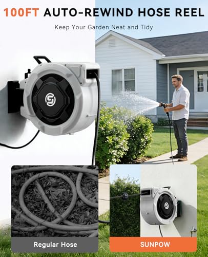 SUNPOW Retractable Garden Hose Reel - 1/2" x 100ft Wall Mounted Hose Reel with 3/4'' Brass Fitting & 10-Pattern Nozzle - Auto Slow Retraction, Any-Length Lock, 180°Swivel for Lawn & Gardening - size: 1/2" 100FT