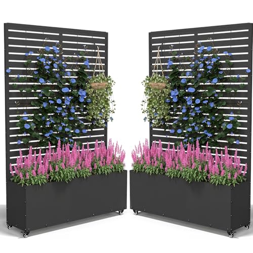 2PCS Metal Planter Box with Trellis,70.9"x47.2"x15.7" Raised Garden Bed with Drainage Holes, Privacy Planters for Outdoor, Garden Bed for Climbing Plants,Vegetables,and Vines, Black-louvered - color: Black, size: 2pc