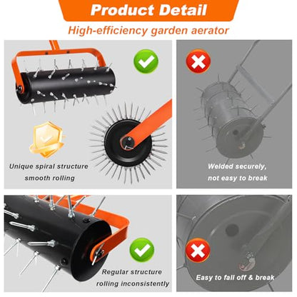 Rolling Lawn Aerator, Heavy Duty Hand Manual Spike Roller with 42 Spikes, Aerator Tool with 71" Adjustable Handle, Pre-Attached Spike Soil Push Lawn Aeration for Garden Yard Patio