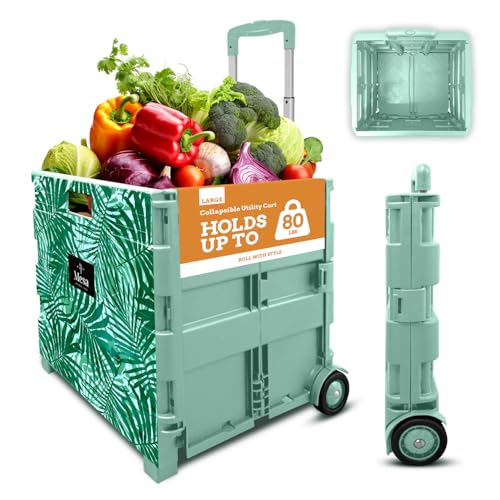 Inspired Living Ultra-Slim Rolling Collapsible Storage Pack-N-Roll Utility-carts, with Telescopic Handle, for Home, Garden, Shopping, Office, School use, Large, Motif Print - color: Motif Print