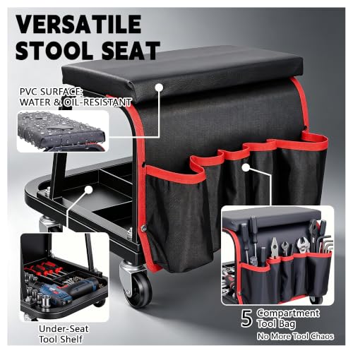Rolling Mechanic Garage Stool on Wheels with Side Pockets, Black - color: Black