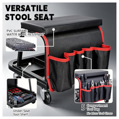 Rolling Mechanic Garage Stool on Wheels with Side Pockets, Black - color: Black