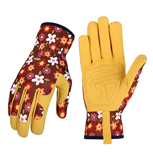 Bamllum Gardening Gloves for Women, Leather Garden Gloves - color: Brown+yellow